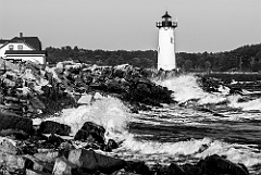 Crashing Surf by Portsmouth Harbor Lighthouse -BW